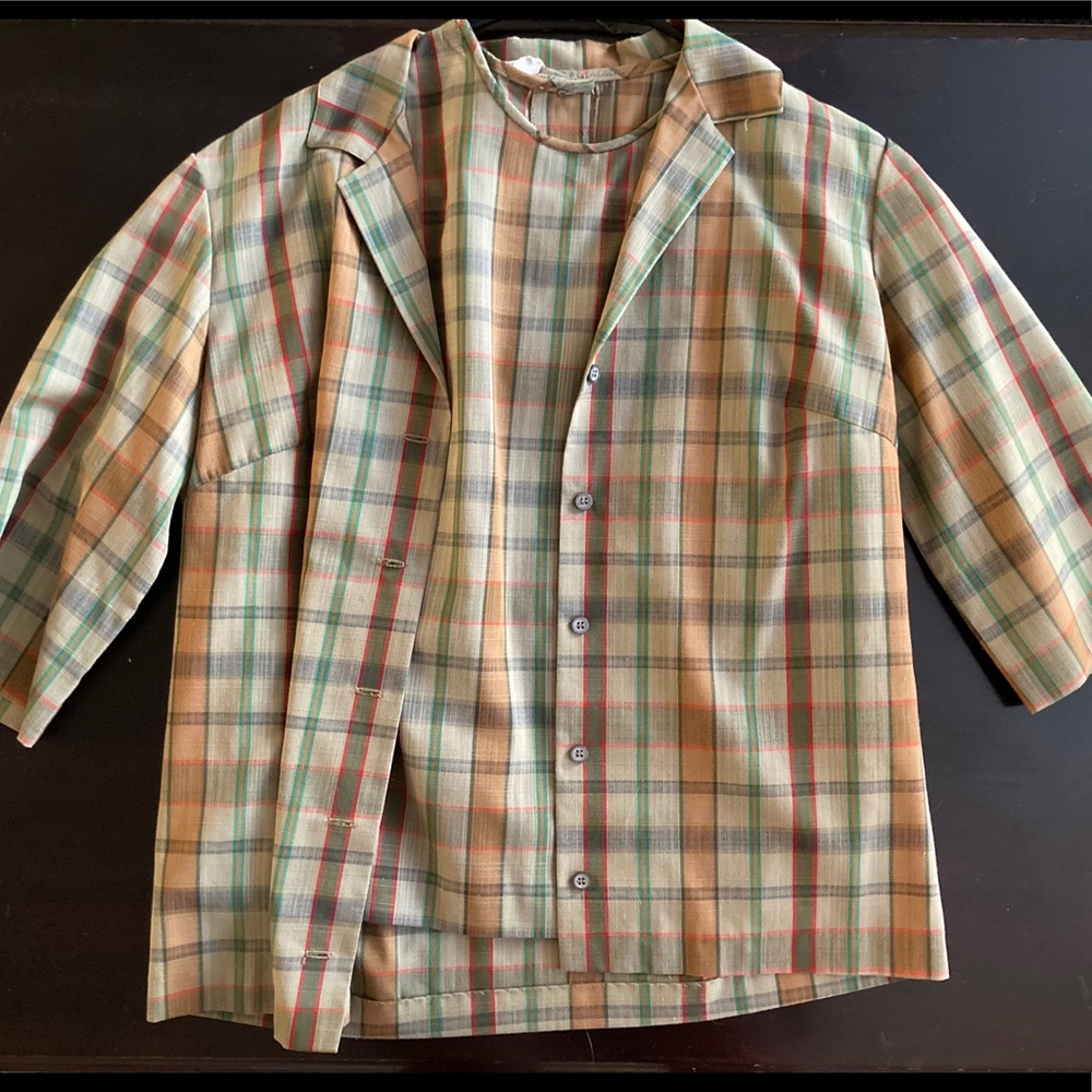 Vintage 1970s plaid two-piece button up blouse M
